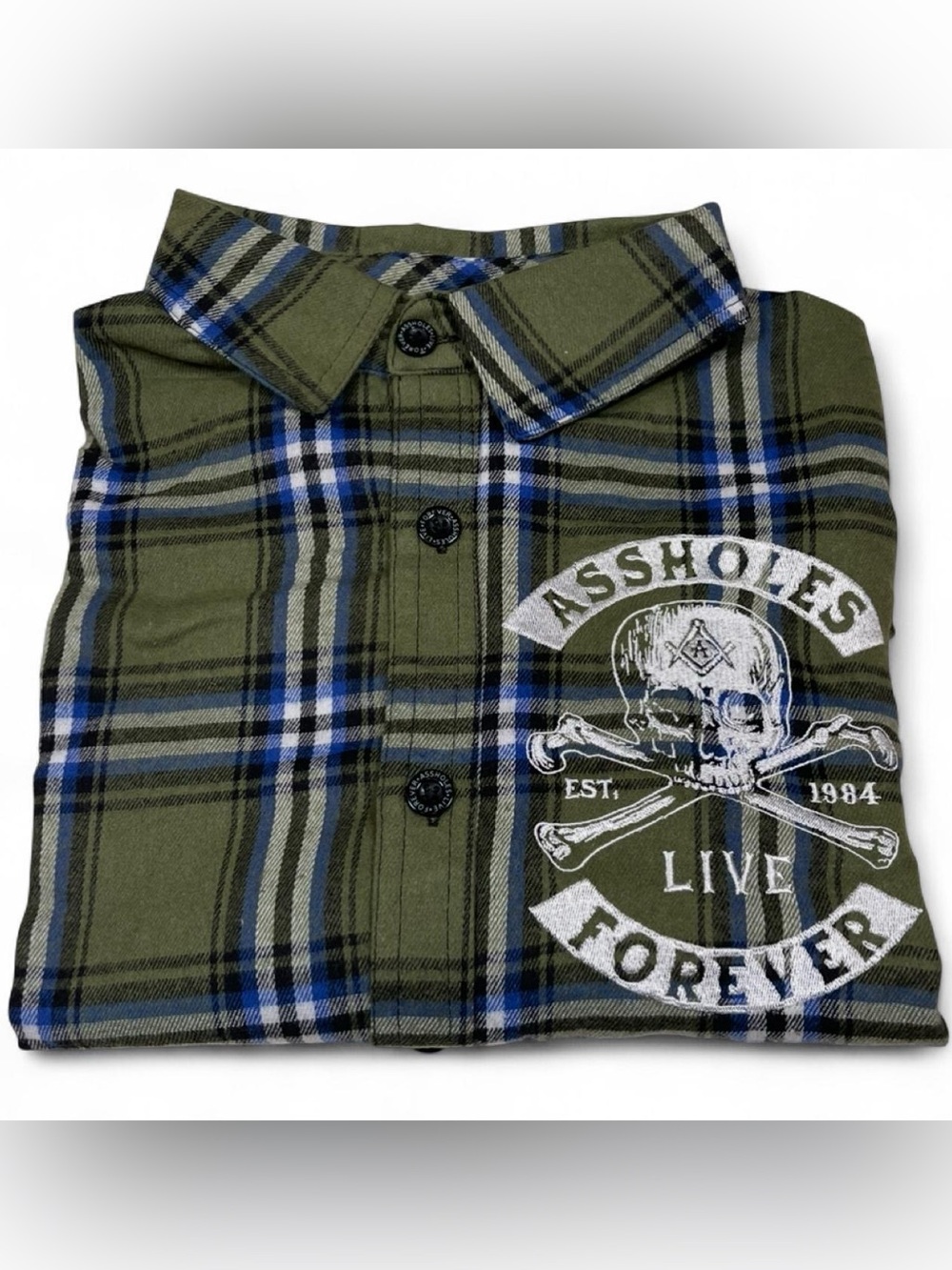 NEW! Assholes Live Forever Green Plaid Flannel Shirt Men’s Size M Embroidered